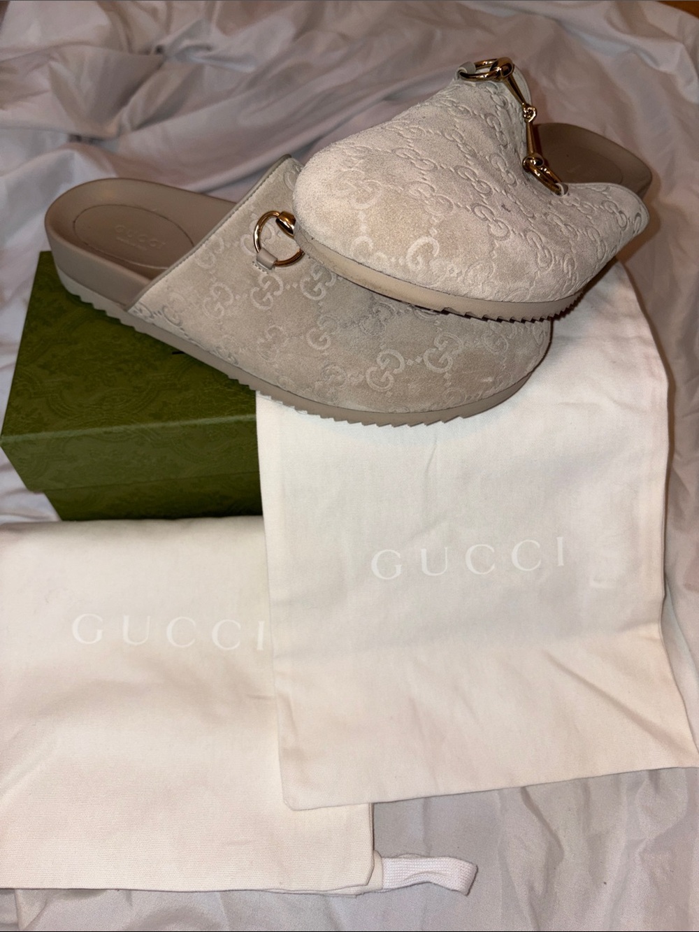 Gucci Neutral Beige Suede GG Horsebit Slide Mules